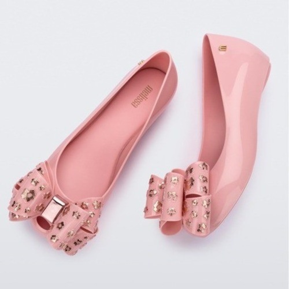 Melissa Ultragirl Pink Jelly Bow Flats Gold Floral Peep Toe Vegan Low Wedge 10